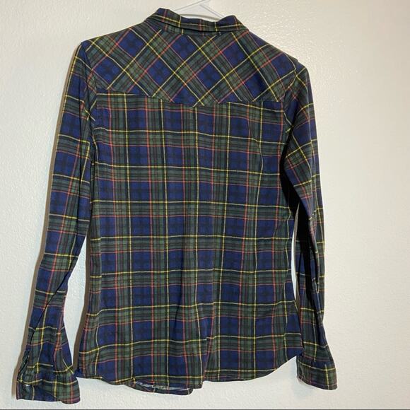 Passport Plaid Button Up Blouse Navy Blue Pearl Snap Buttons Medium - Picture 4 of 4